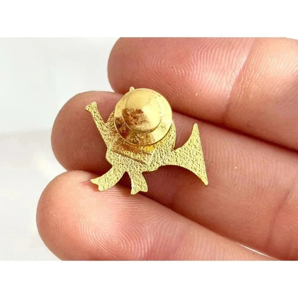 Gold T French Horn Bow Tie + Mistletoe Green & Red Enamel Christmas Pin | Brooch - Picture 7 of 8